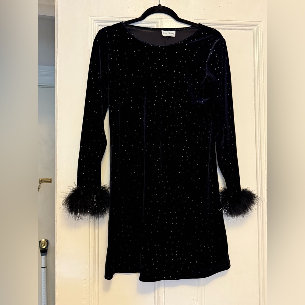 90s Rare Editions Black Sparkly Velvet Dress with Feather Accents